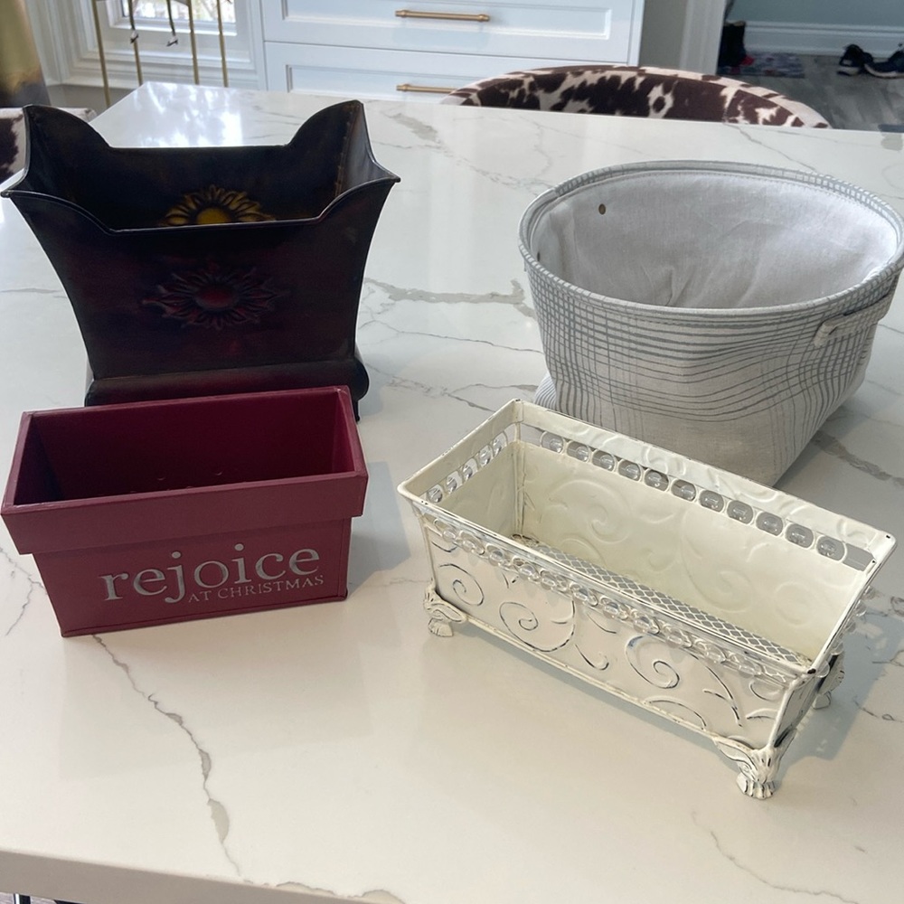 Assortment of Metal Containers and Cloth Basket for Gifting Year Round.